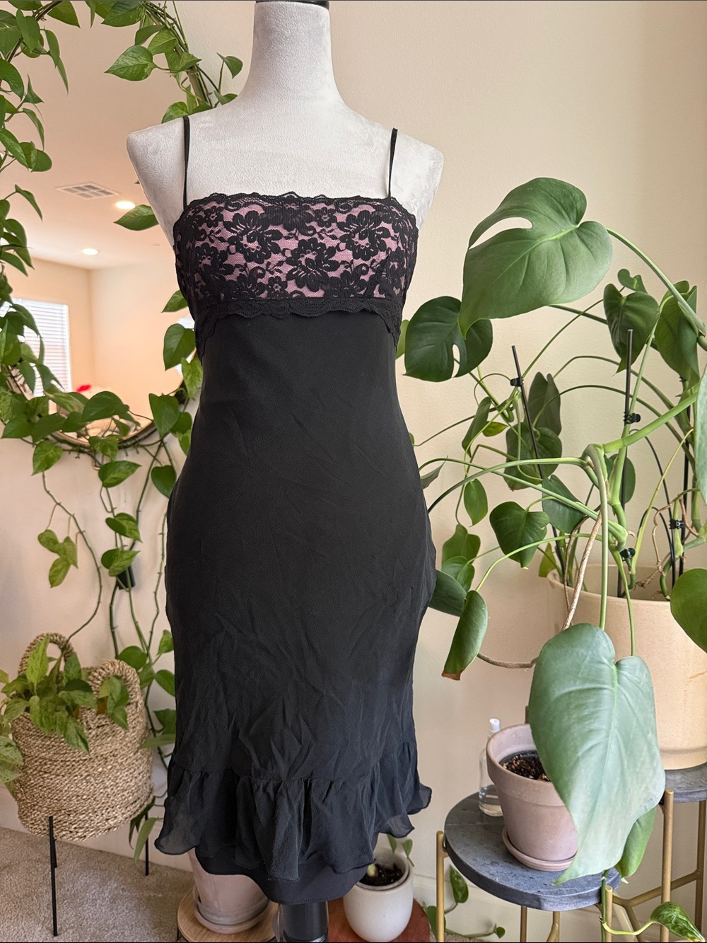 Express Black Midi Dress with Pink Lace Bodice